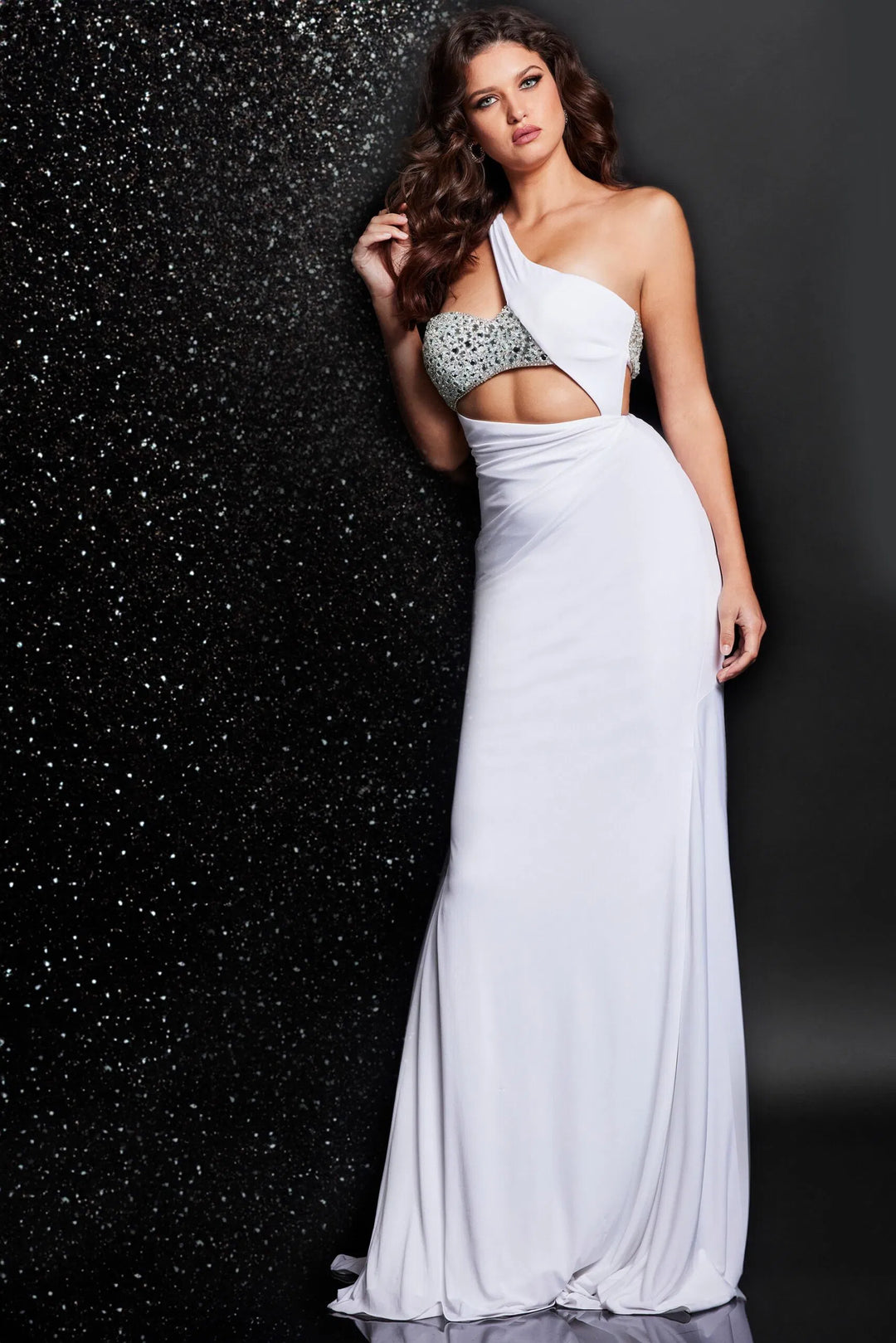 Jovani 23130 Asymmetric Bead Embellished Dress