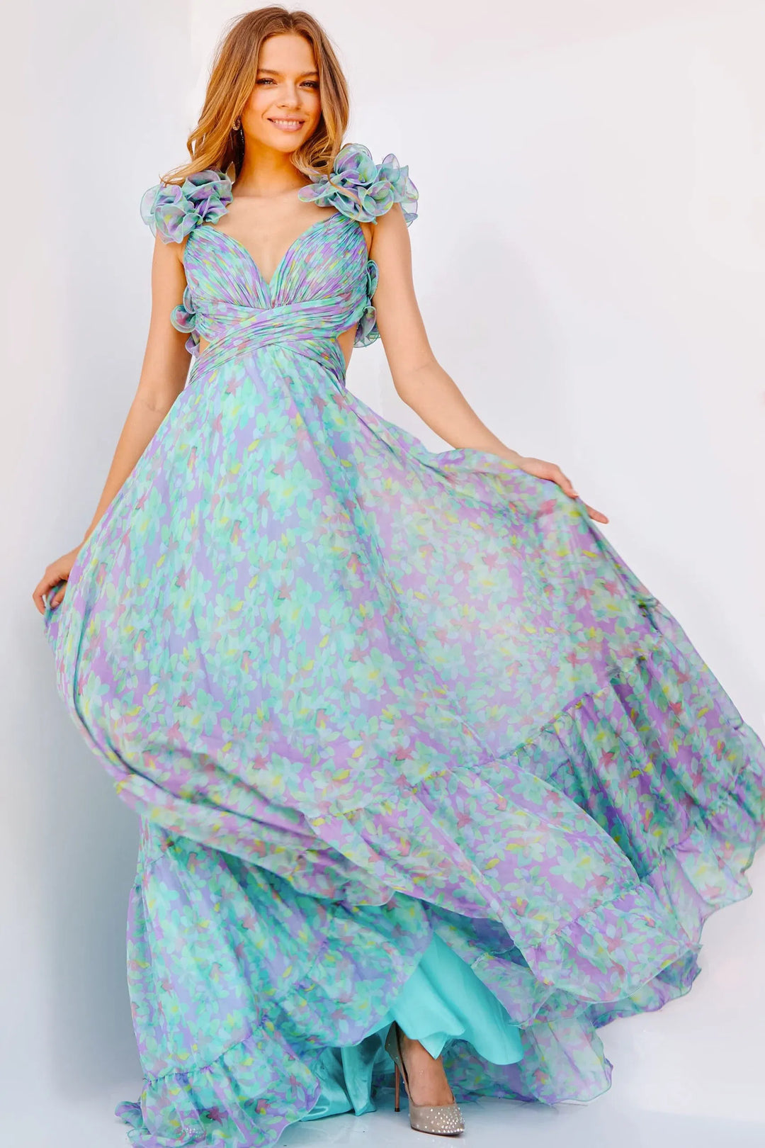 Jovani 23320 Ruffled Shoulder Flowy Printed Gown