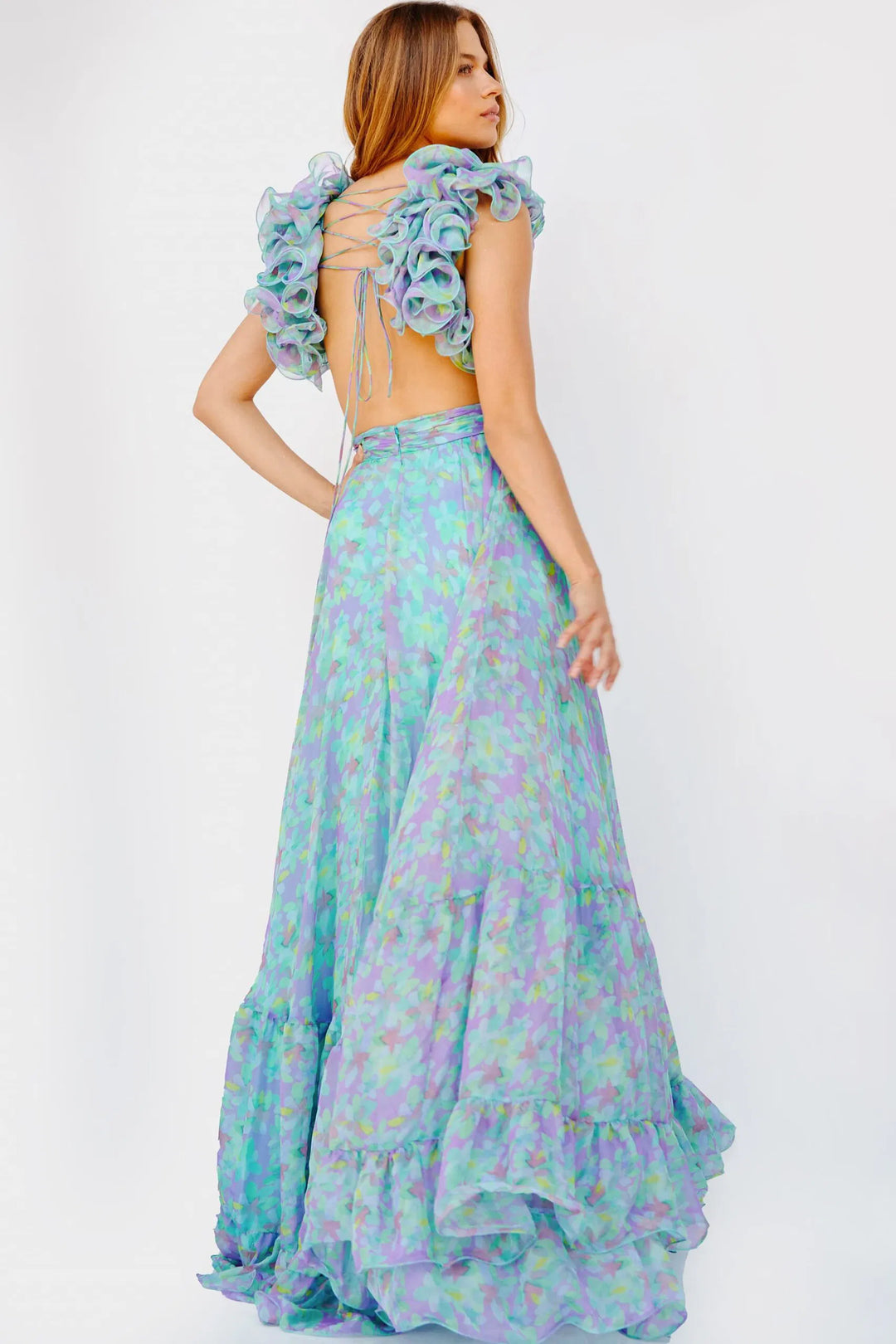 Jovani 23320 Ruffled Shoulder Flowy Printed Gown