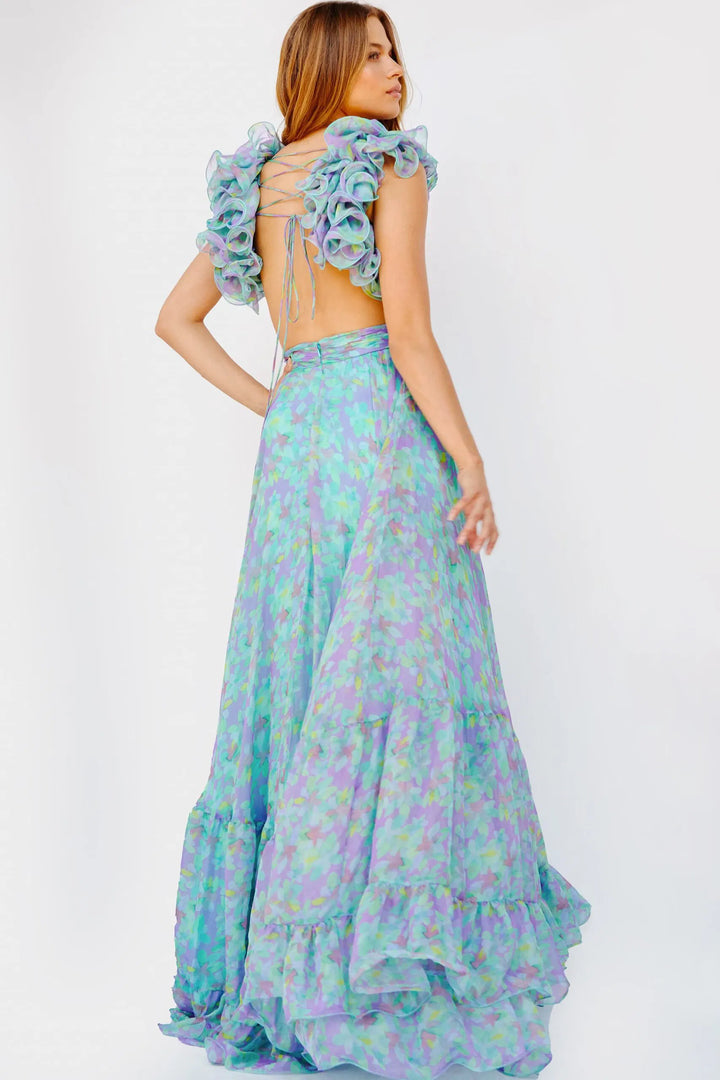 Jovani 23320 Ruffled Shoulder Flowy Printed Gown