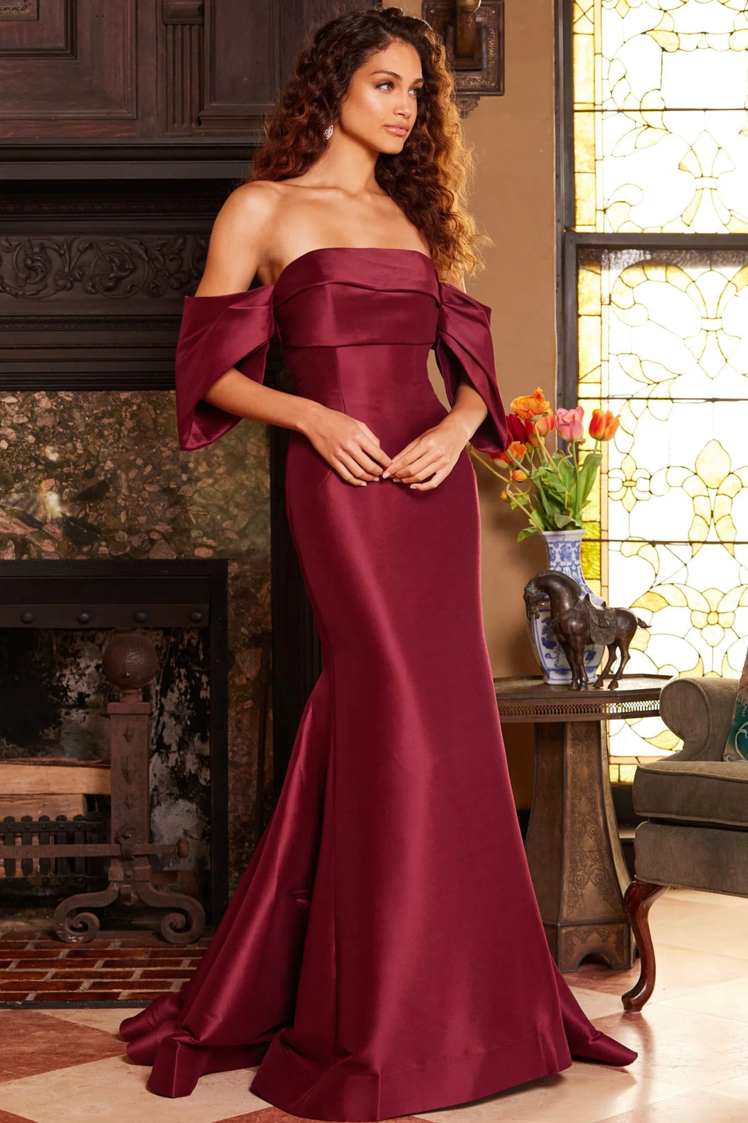 Jovani 23398 Drape Sleeve Mermaid Evening Dress