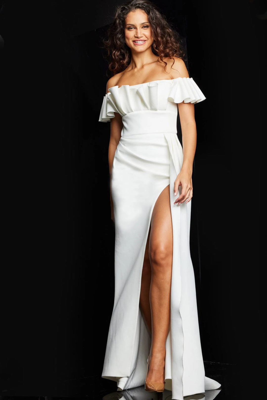 Jovani 23402 Ruffled Off Shoulder Evening Dress with Slit