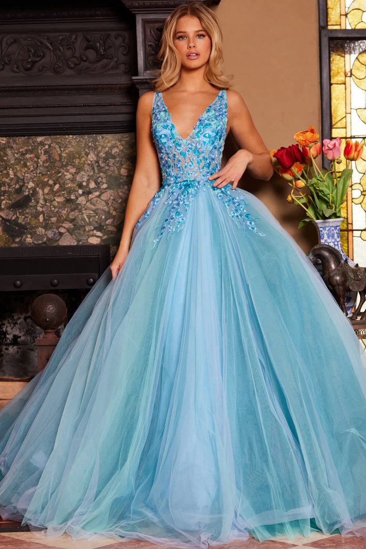 Jovani 23577 Floral Lace V-Neck Ballgown