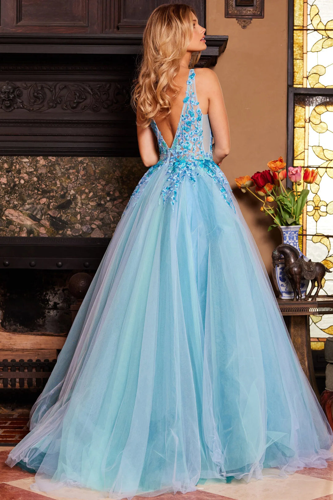 Jovani 23577 Floral Lace V-Neck Ballgown