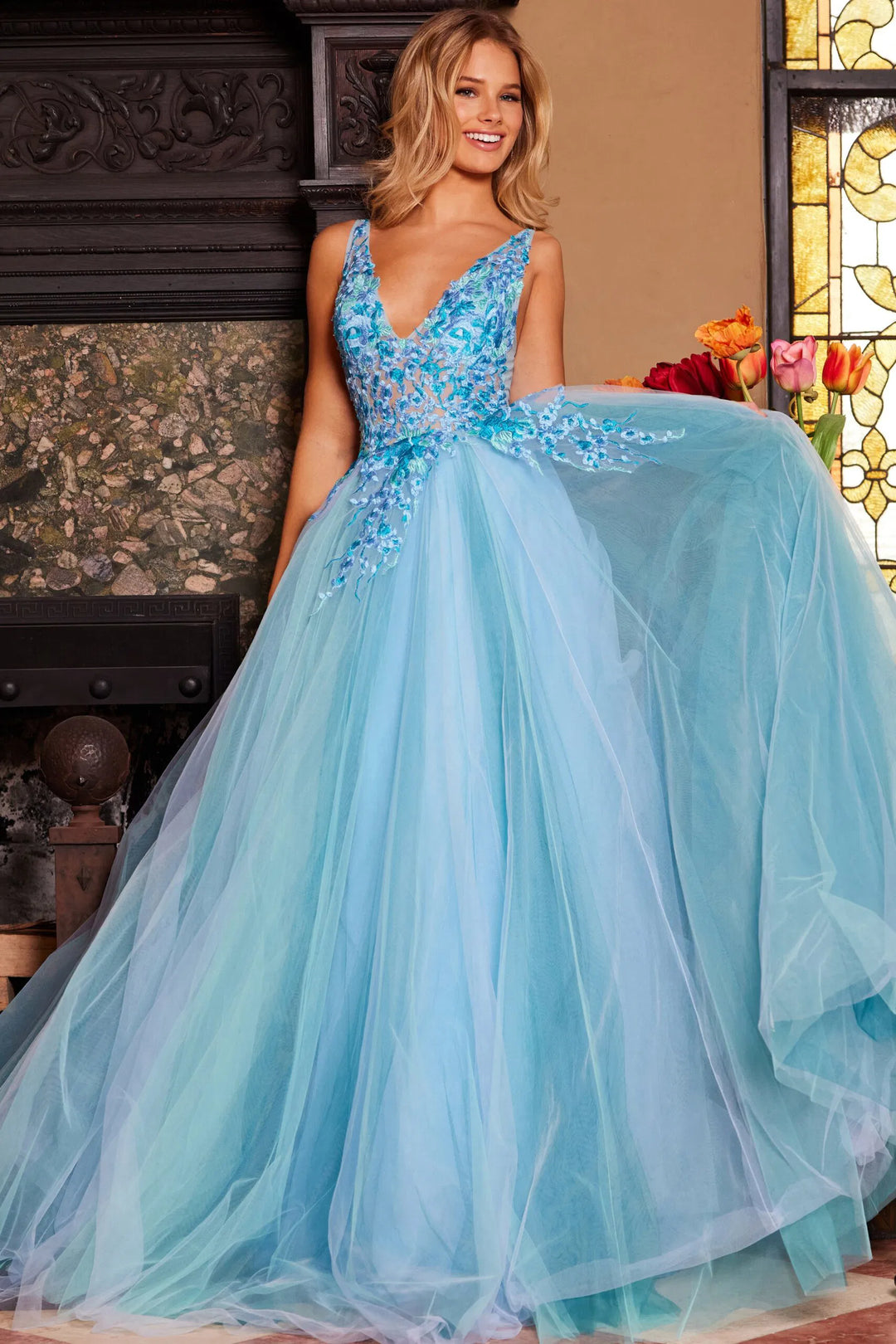 Jovani 23577 Floral Lace V-Neck Ballgown