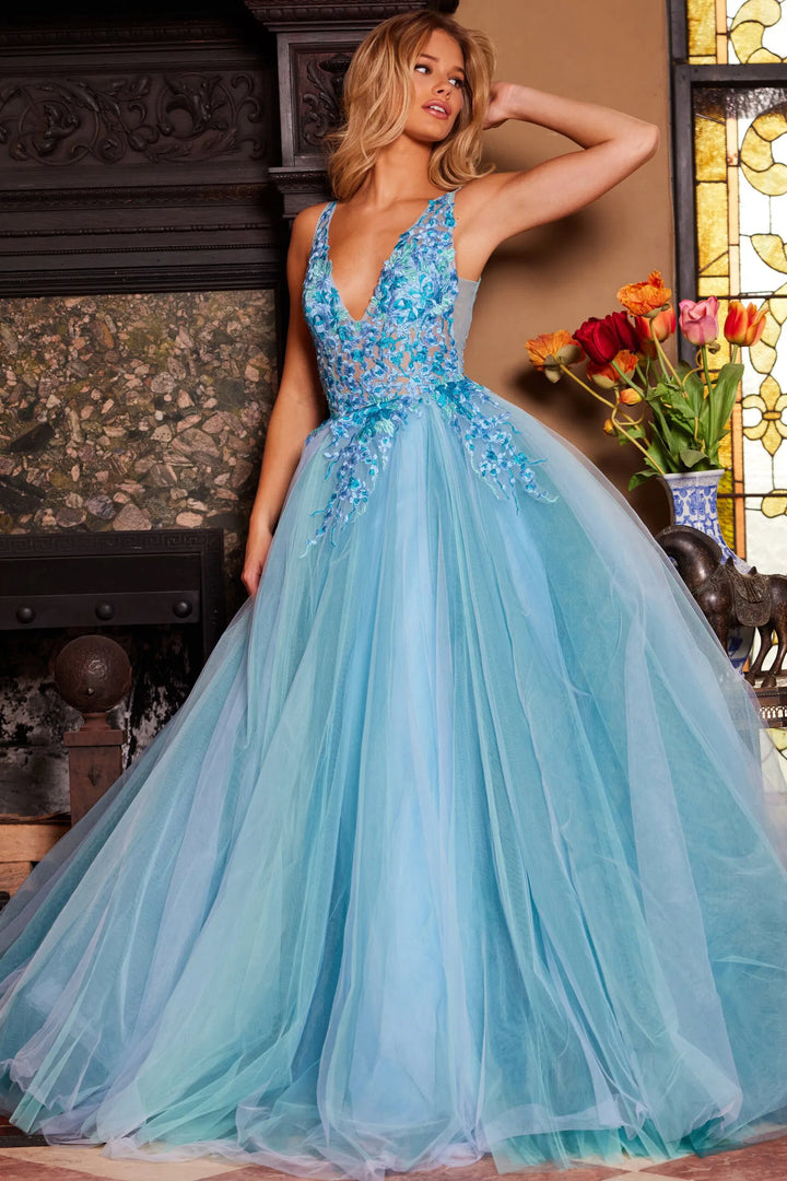 Jovani 23577 Floral Lace V-Neck Ballgown