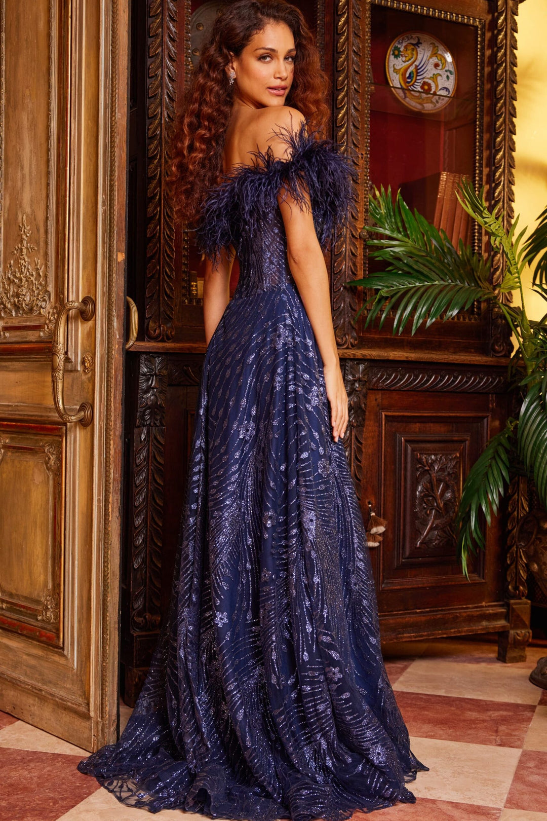 Jovani 23884 Feather Off-Shoulder Prom Dress