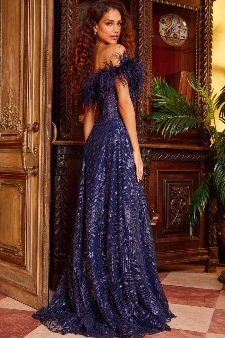Jovani 23884 Feather Off-Shoulder Prom Dress