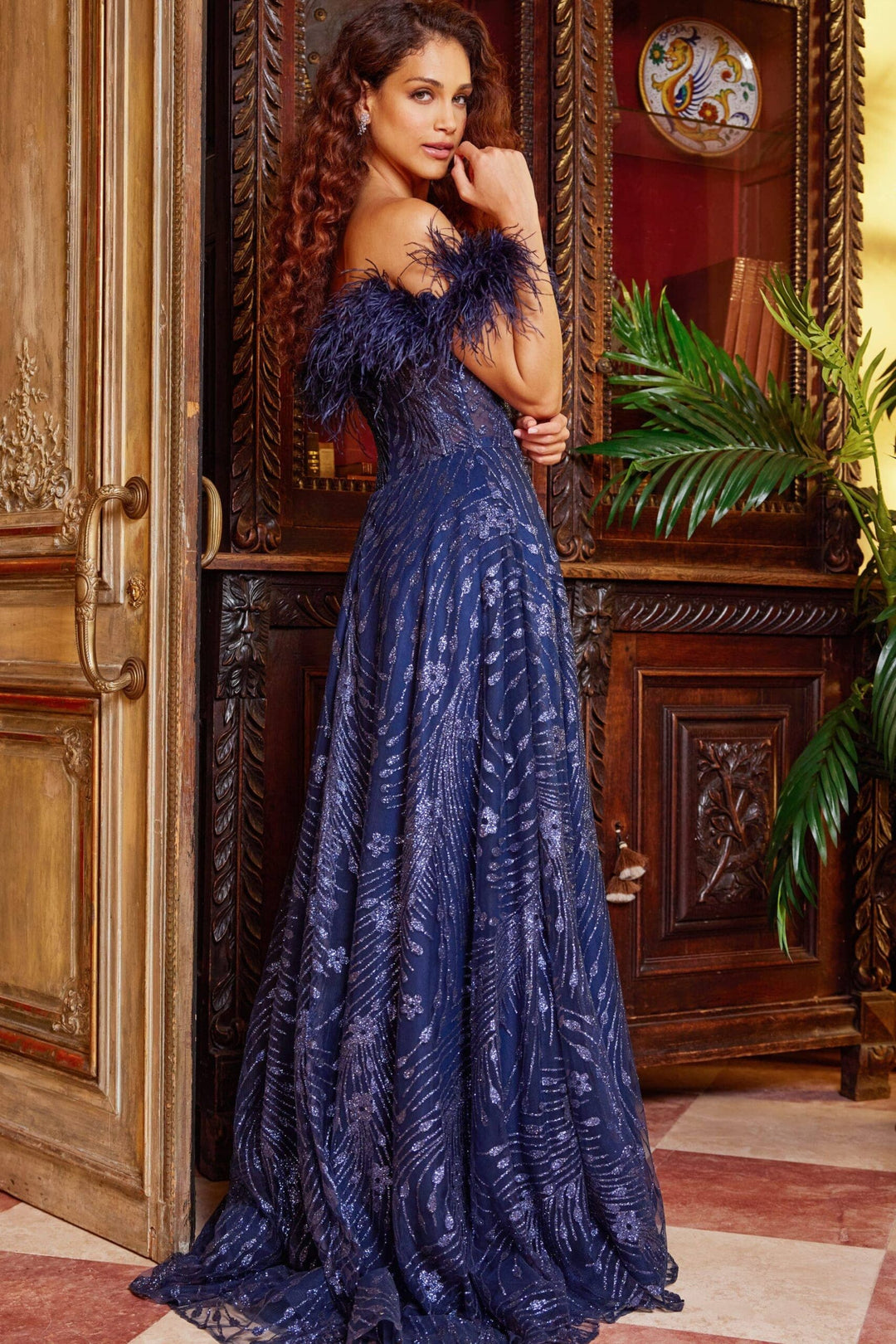 Jovani 23884 Feather Off-Shoulder Prom Dress