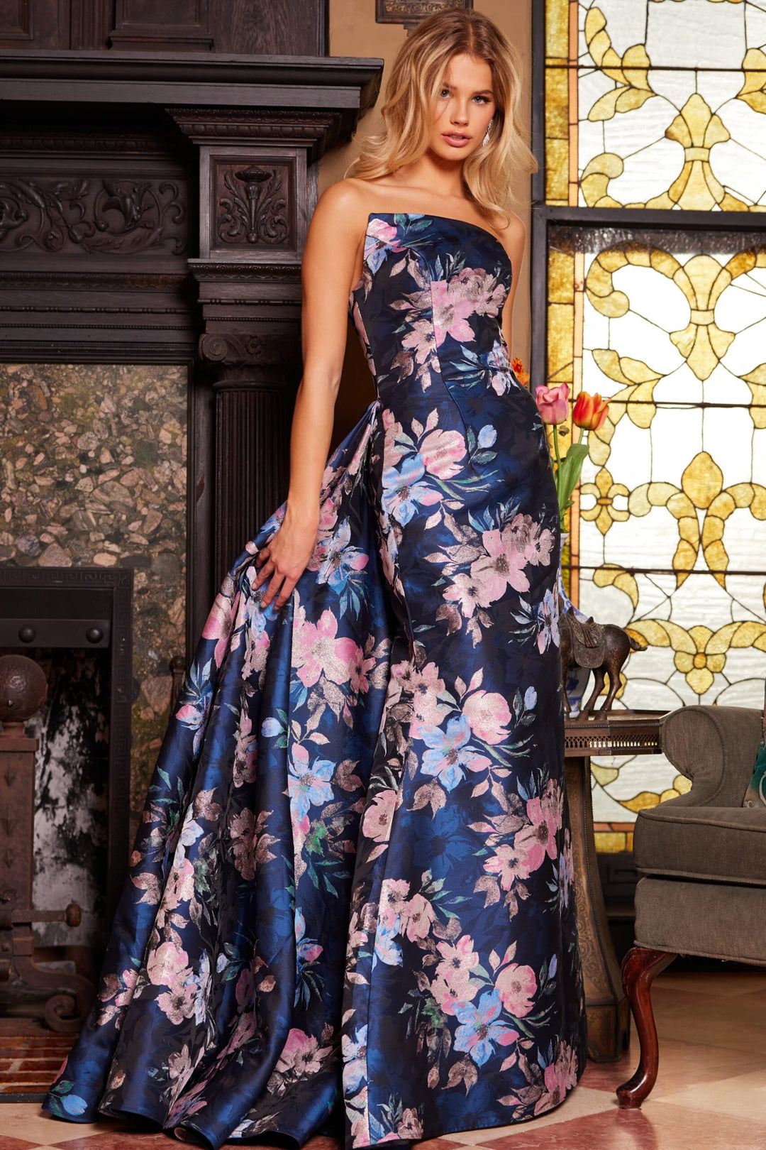 Jovani 23893 Strapless Floral Print Evening Gown