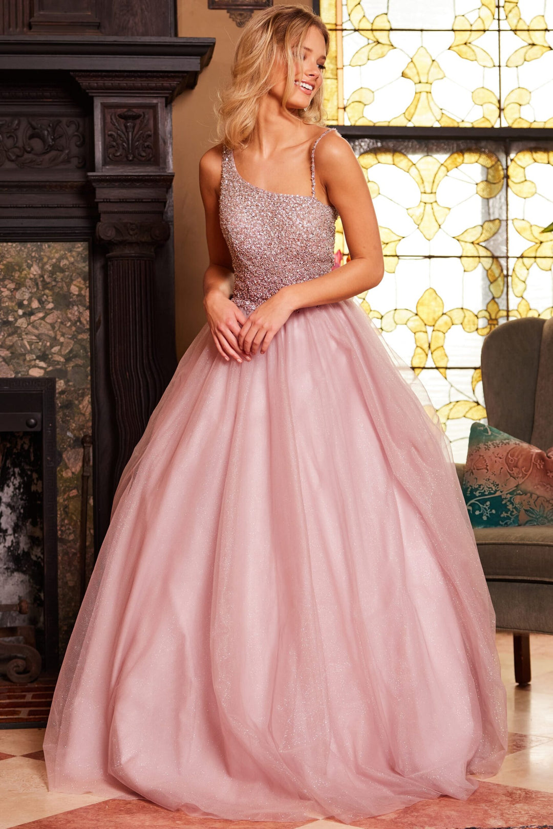 Jovani 24051 Beaded Asymmetric Neck Ballgown