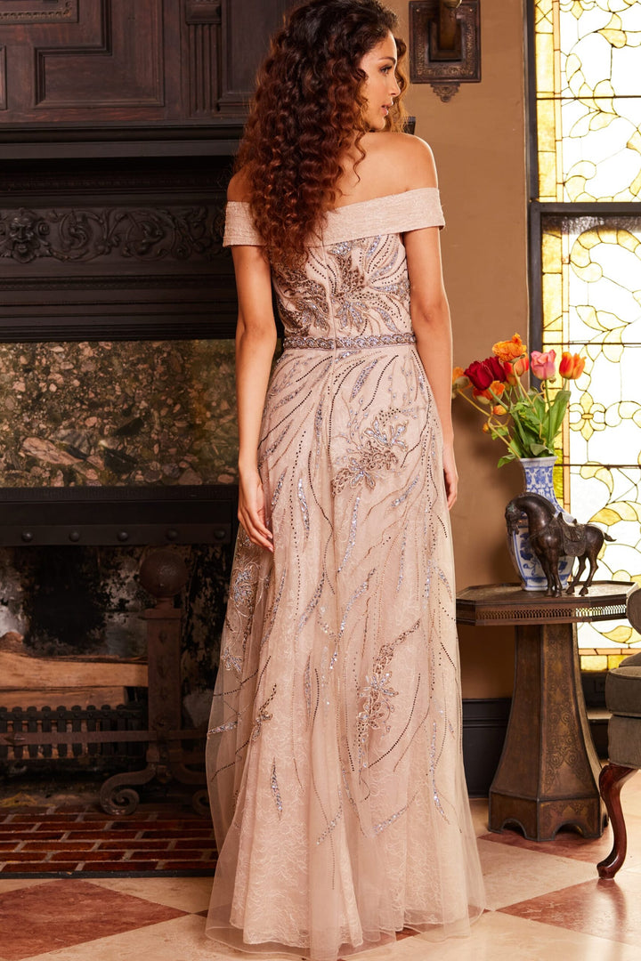 Jovani 24055 Straight Across Beaded Lace Evening Gown