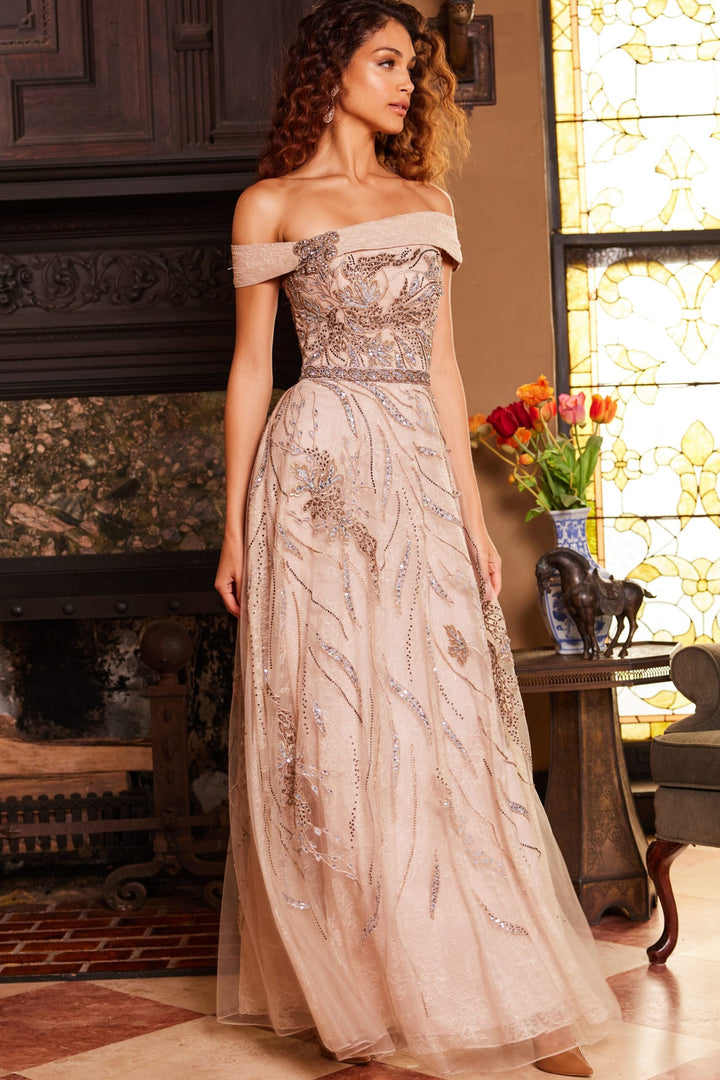 Jovani 24055 Straight Across Beaded Lace Evening Gown