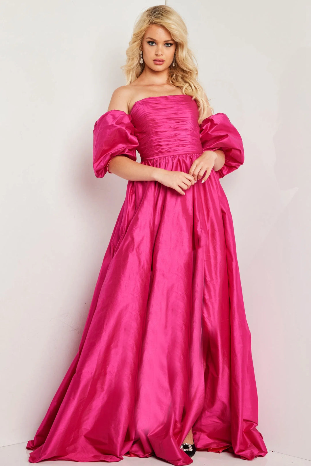 Jovani 24099 Taffeta Puff Sleeve A-line Gown