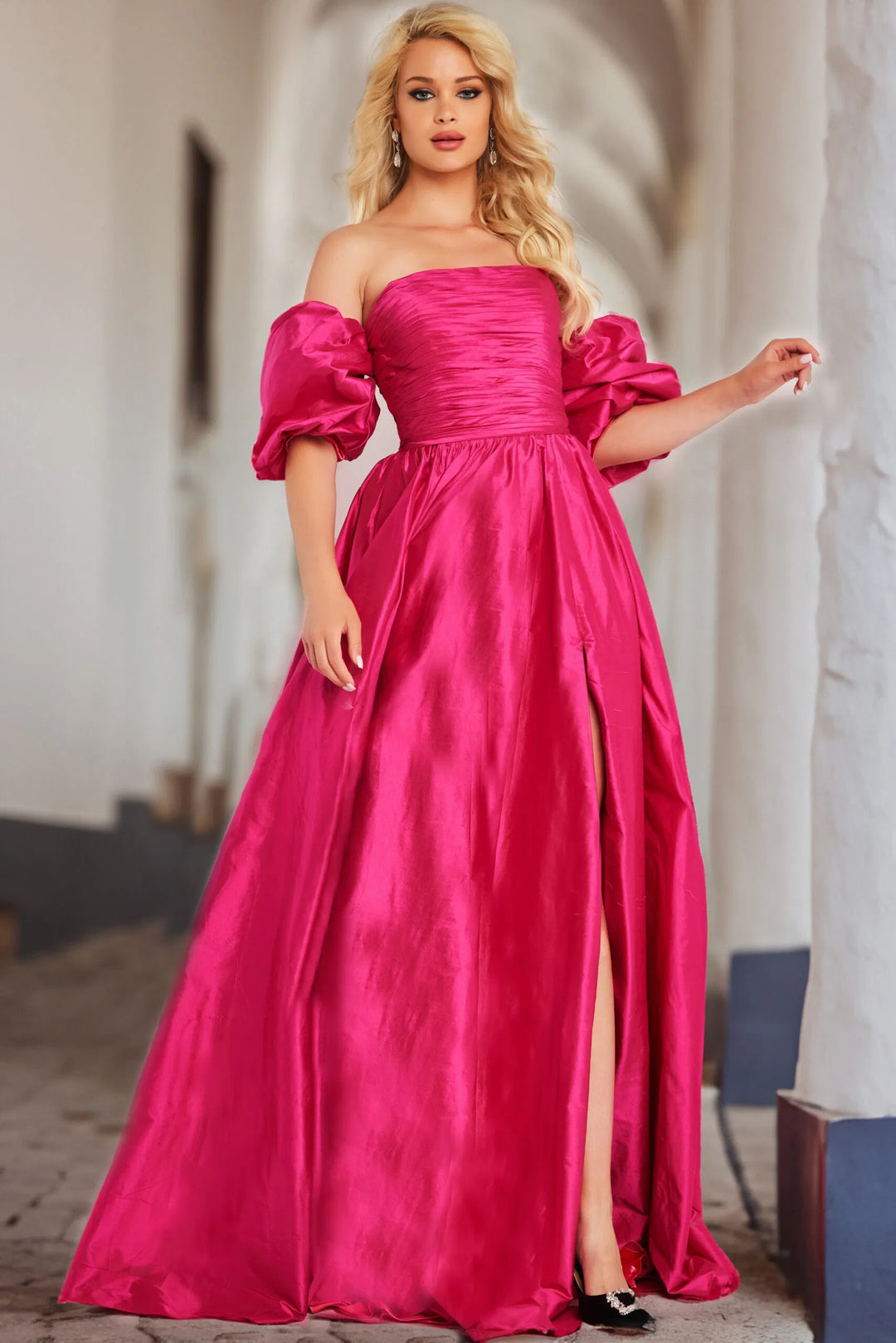 Jovani 24099 Taffeta Puff Sleeve A-line Gown