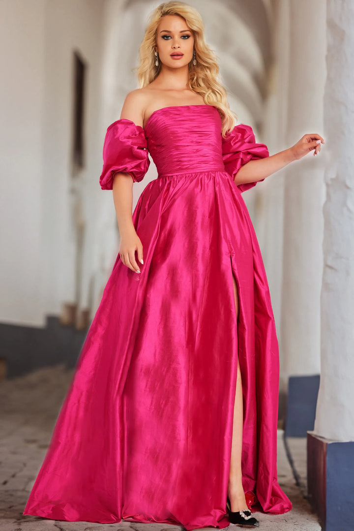 Jovani 24099 Taffeta Puff Sleeve A-line Gown