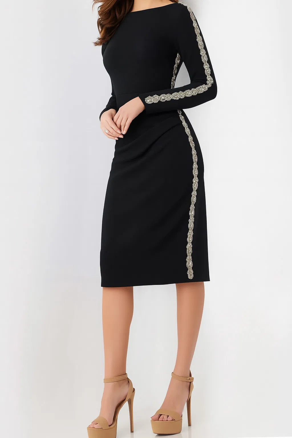 Jovani 24192 Embellished Side Long Sleeve Knee-Length Dress