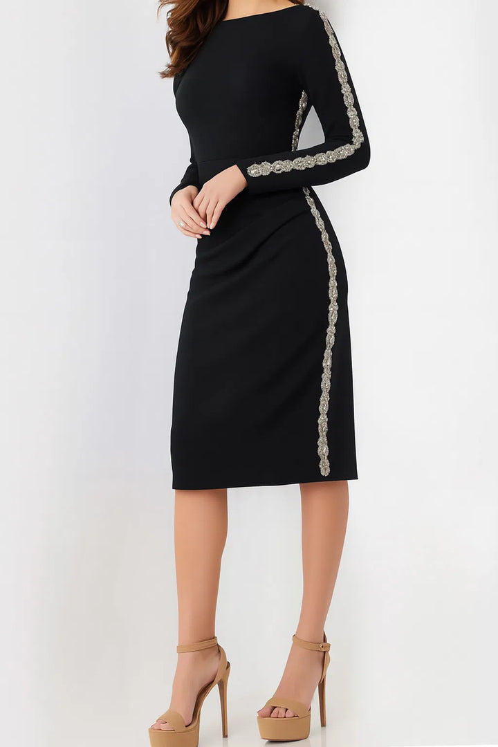 Jovani 24192 Embellished Side Long Sleeve Knee-Length Dress