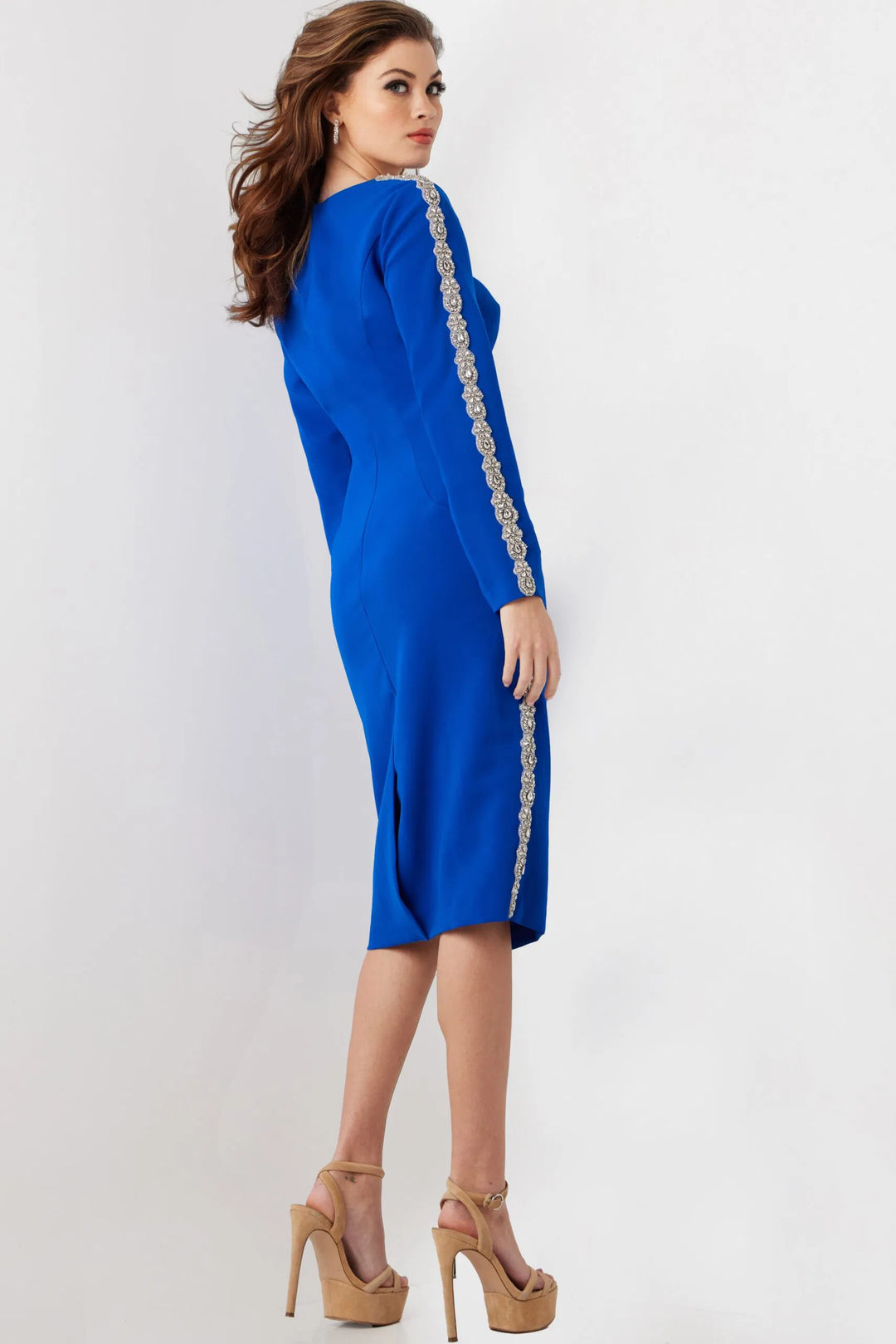 Jovani 24192 Embellished Side Long Sleeve Knee-Length Dress
