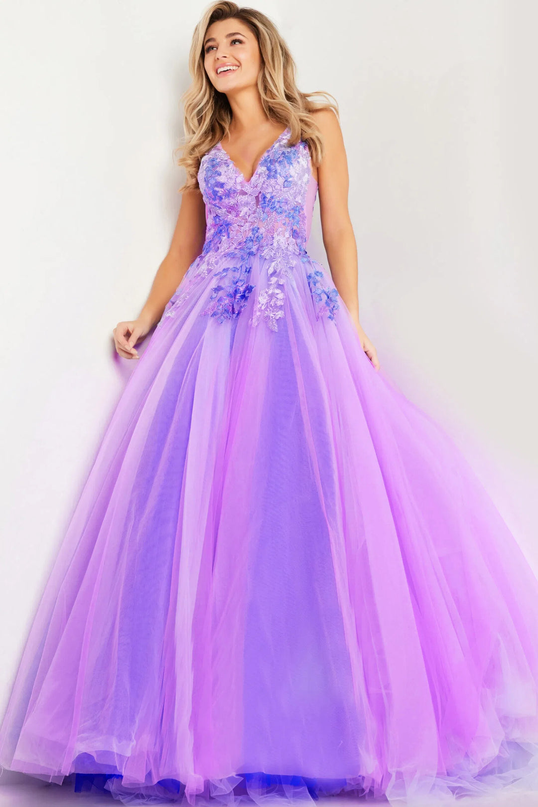 Jovani 24602 V-Neck Floral Embroidered Ballgown