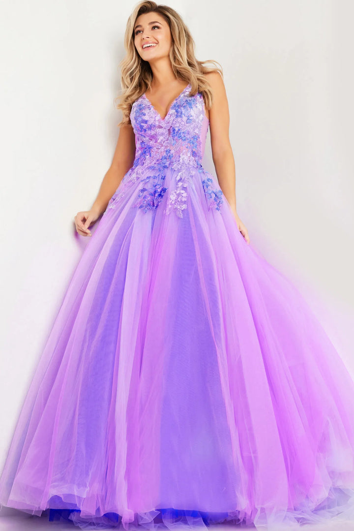 Jovani 24602 V-Neck Floral Embroidered Ballgown