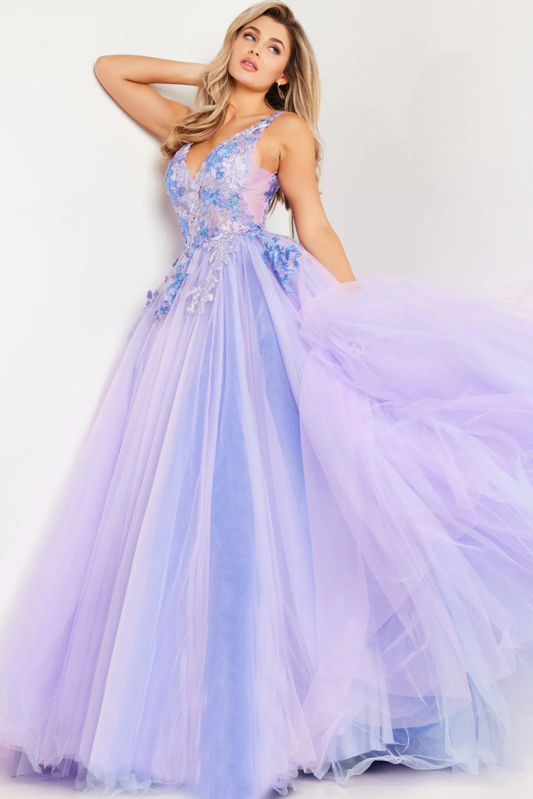 Jovani 24602 V-Neck Floral Embroidered Ballgown
