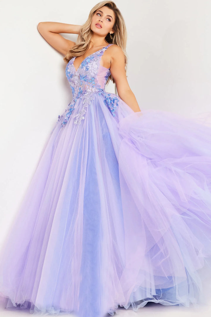 Jovani 24602 V-Neck Floral Embroidered Ballgown