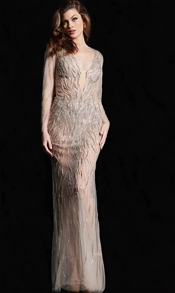 Jovani 26275 Long Sleeve Plunging Neck Evening Dress