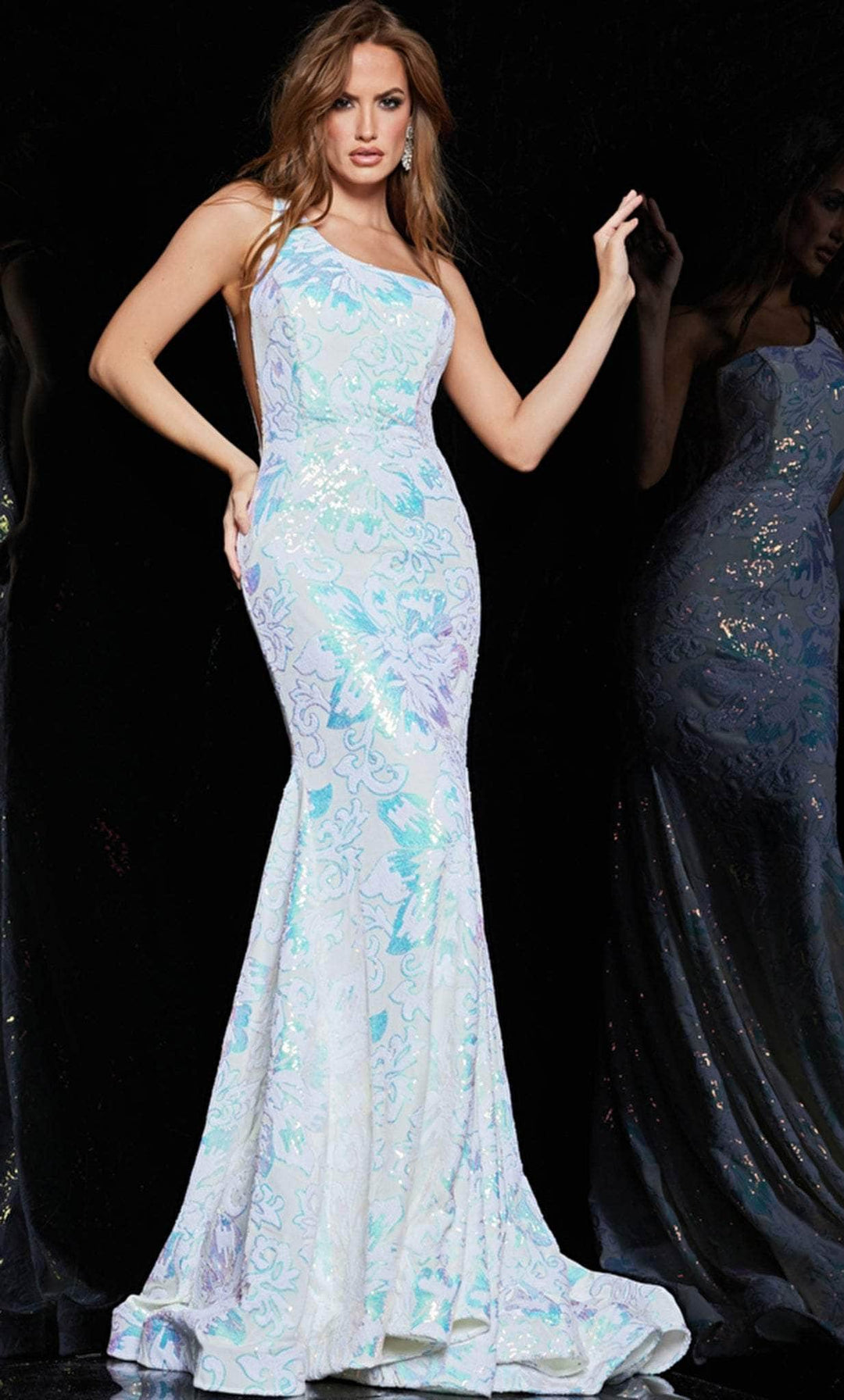 Jovani 32580 Sequined Asymmetric Mermaid Gown Navy / 4