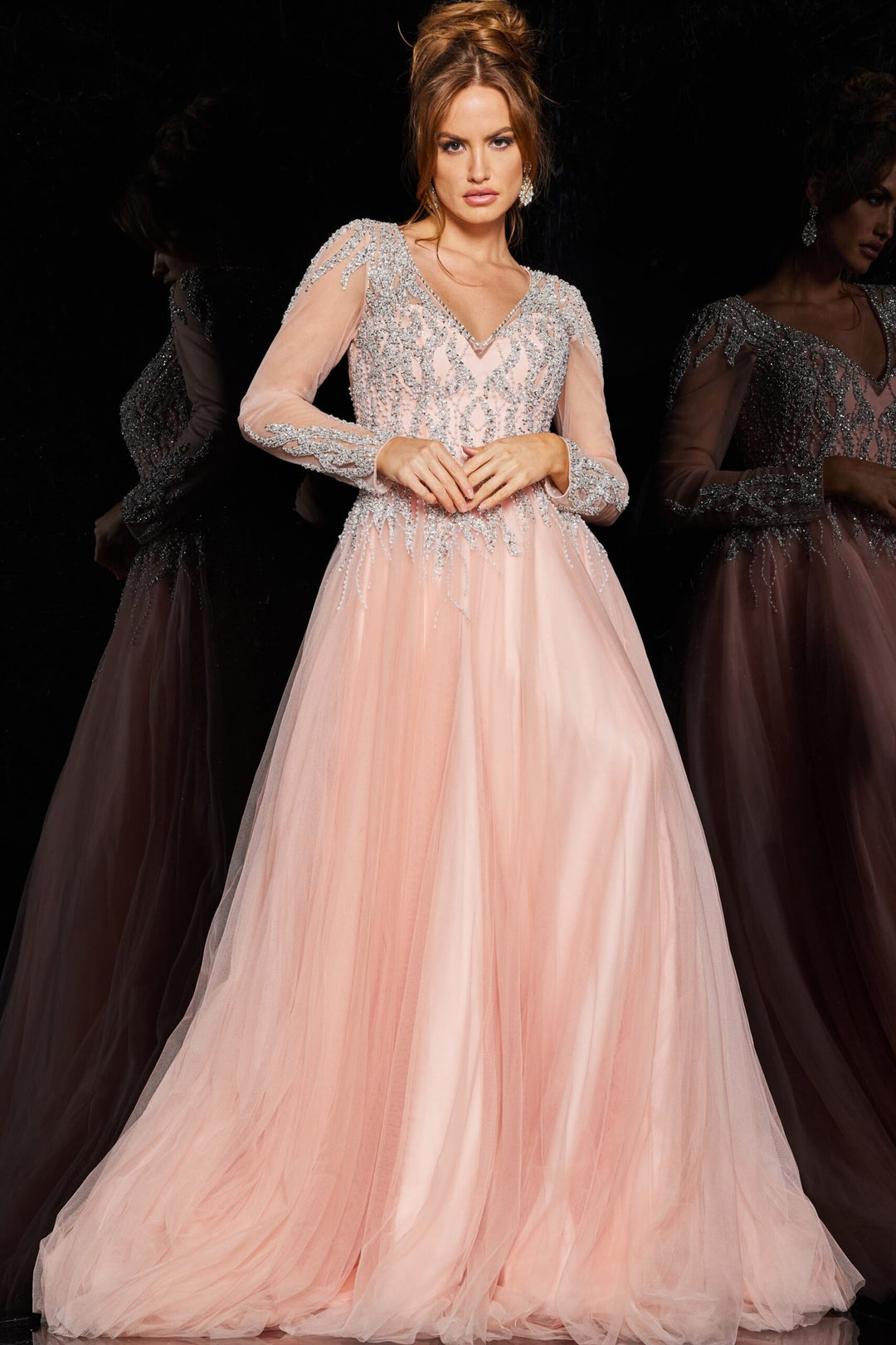 Jovani 36533 A-line Sheer Long Sleeves Gown