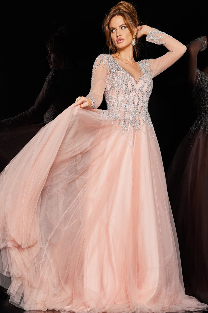 Jovani 36533 A-line Sheer Long Sleeves Gown