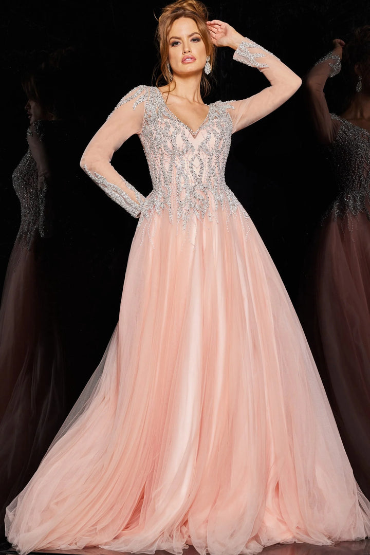 Jovani 36533 A-line Sheer Long Sleeves Gown