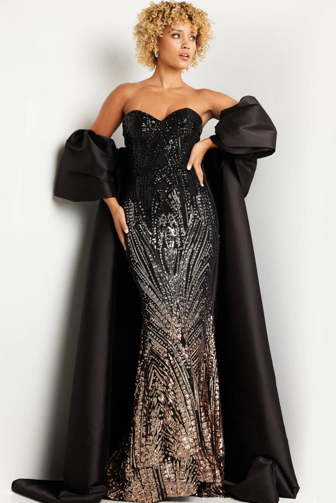 Jovani 38746 Satin Cape Beaded Long Gown – The Gown Galleria
