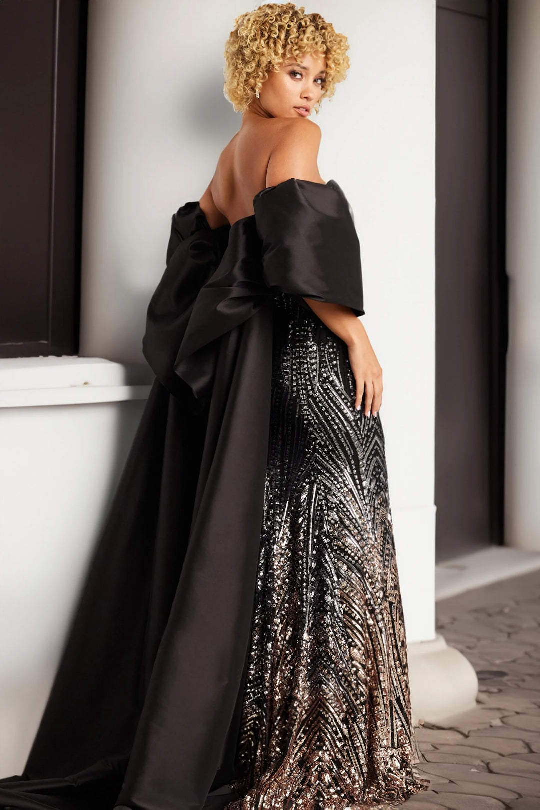 Jovani 38746 Satin Cape Beaded Long Gown Jovani 38746 Satin Cape Beaded Long Gown