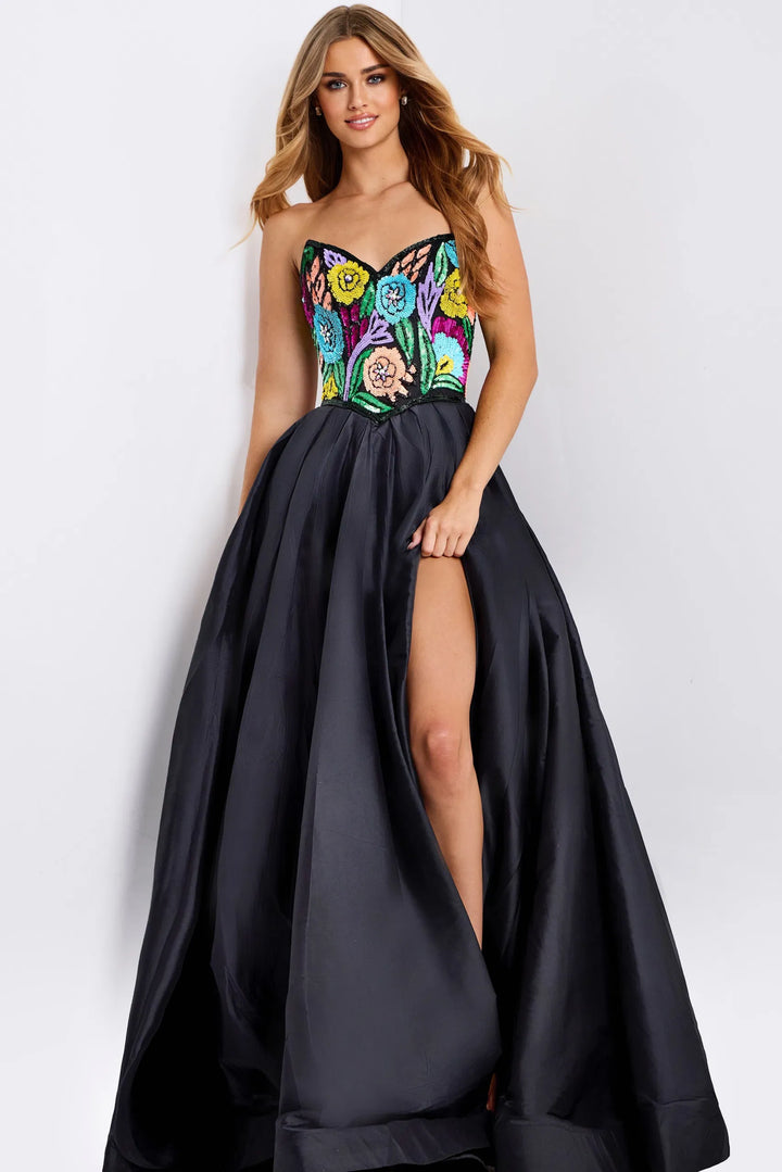 Jovani 49233 Evening Gown With Floral Beaded Strapless Bodice