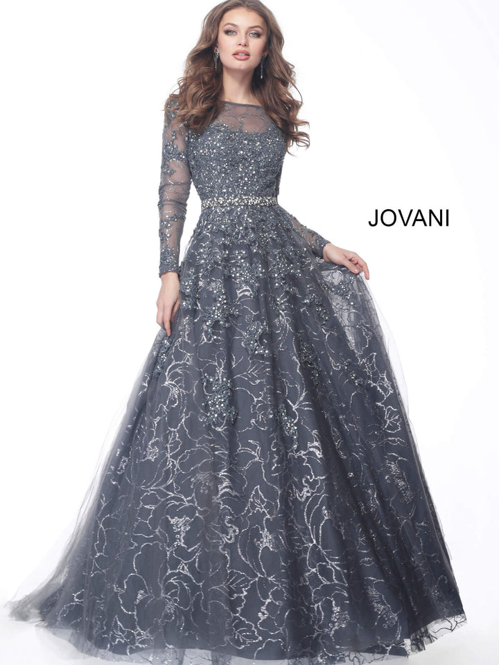 Jovani 51838 Embroidered Long Sleeve Bateau Ballgown