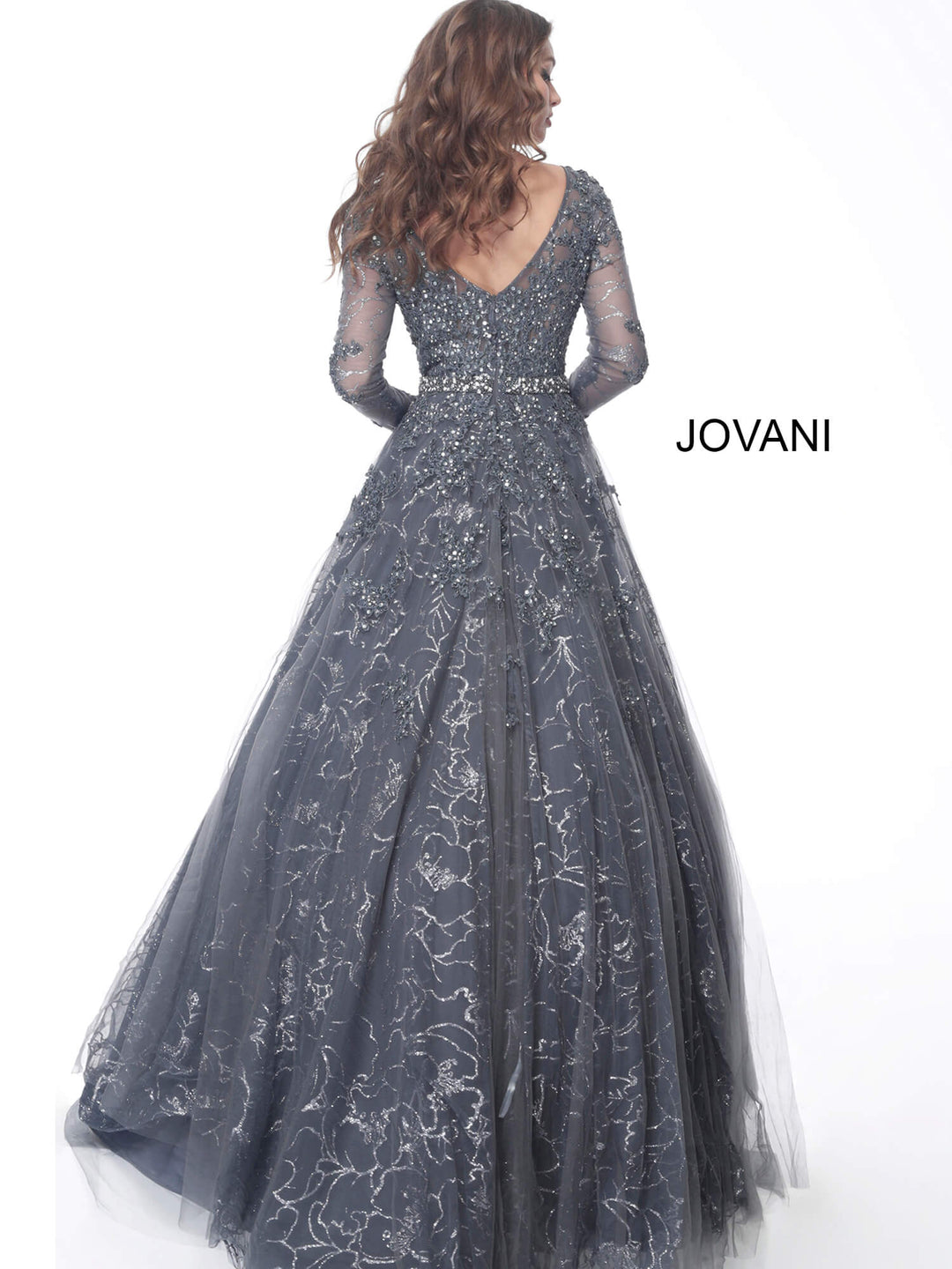 Jovani 51838 Embroidered Long Sleeve Bateau Ballgown