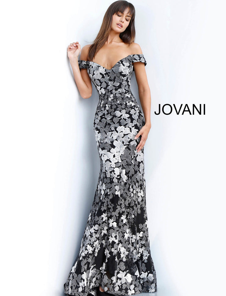 Jovani 61380 Two Tone Embroidered Off-Shoulder Trumpet Dress