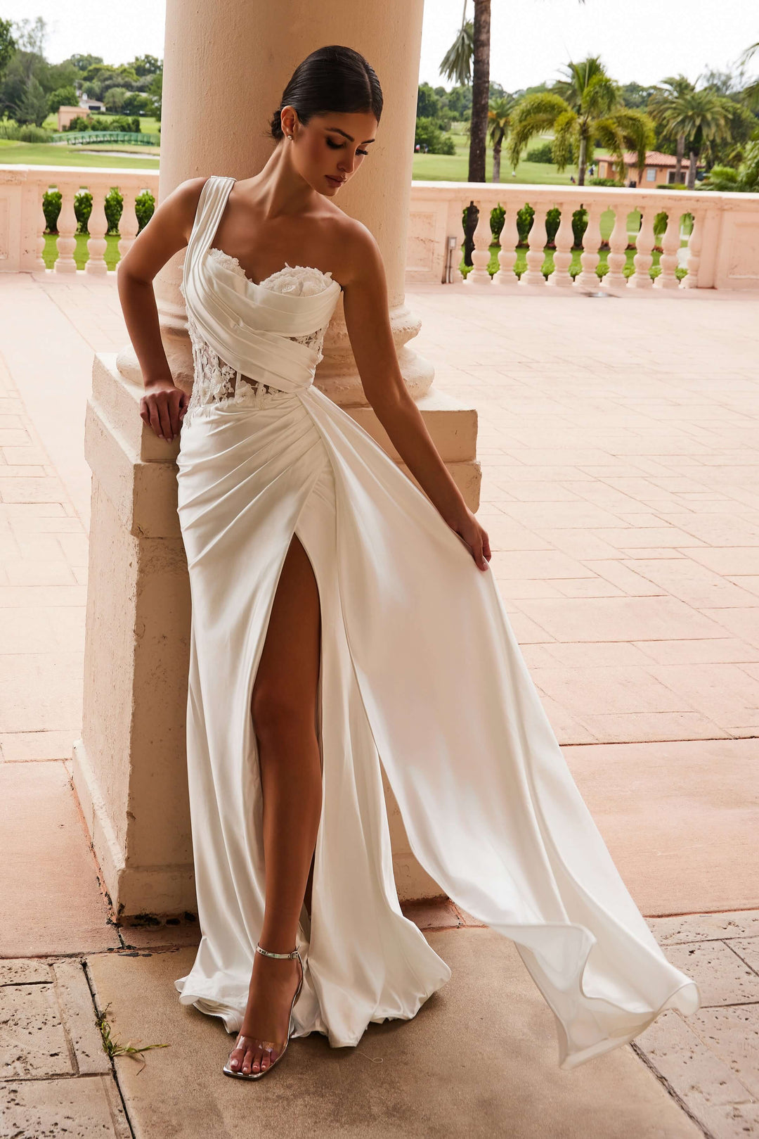 NOX ANABEL E1526W Satin Fitted Sheer Applique Waistline Wedding Dress The Gown Galleria NOX ANABEL E1526W Satin Fitted Sheer Applique Waistline Wedding Dress The Gown Galleria