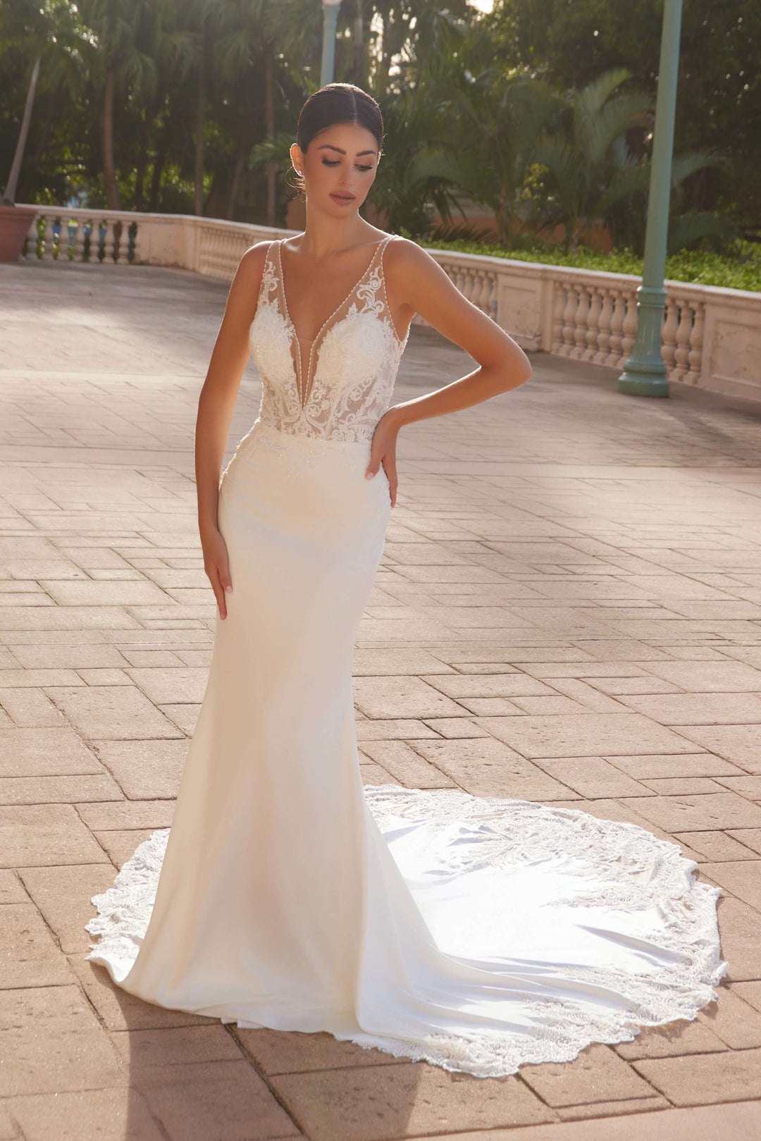NOX ANABEL JE1022L Fitted V-Neck Embroidered Wedding Dress The Gown Galleria NOX ANABEL JE1022L Fitted V-Neck Embroidered Wedding Dress The Gown Galleria