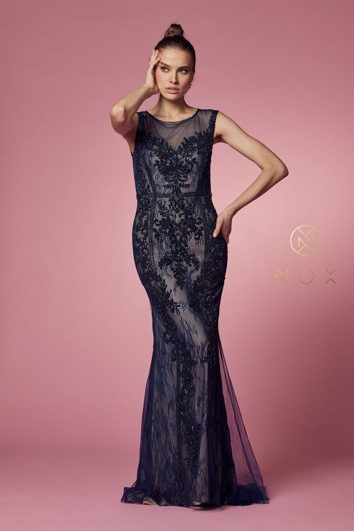 NOX ANABEL E1006P Beaded Illusion Fitted Formal Dress