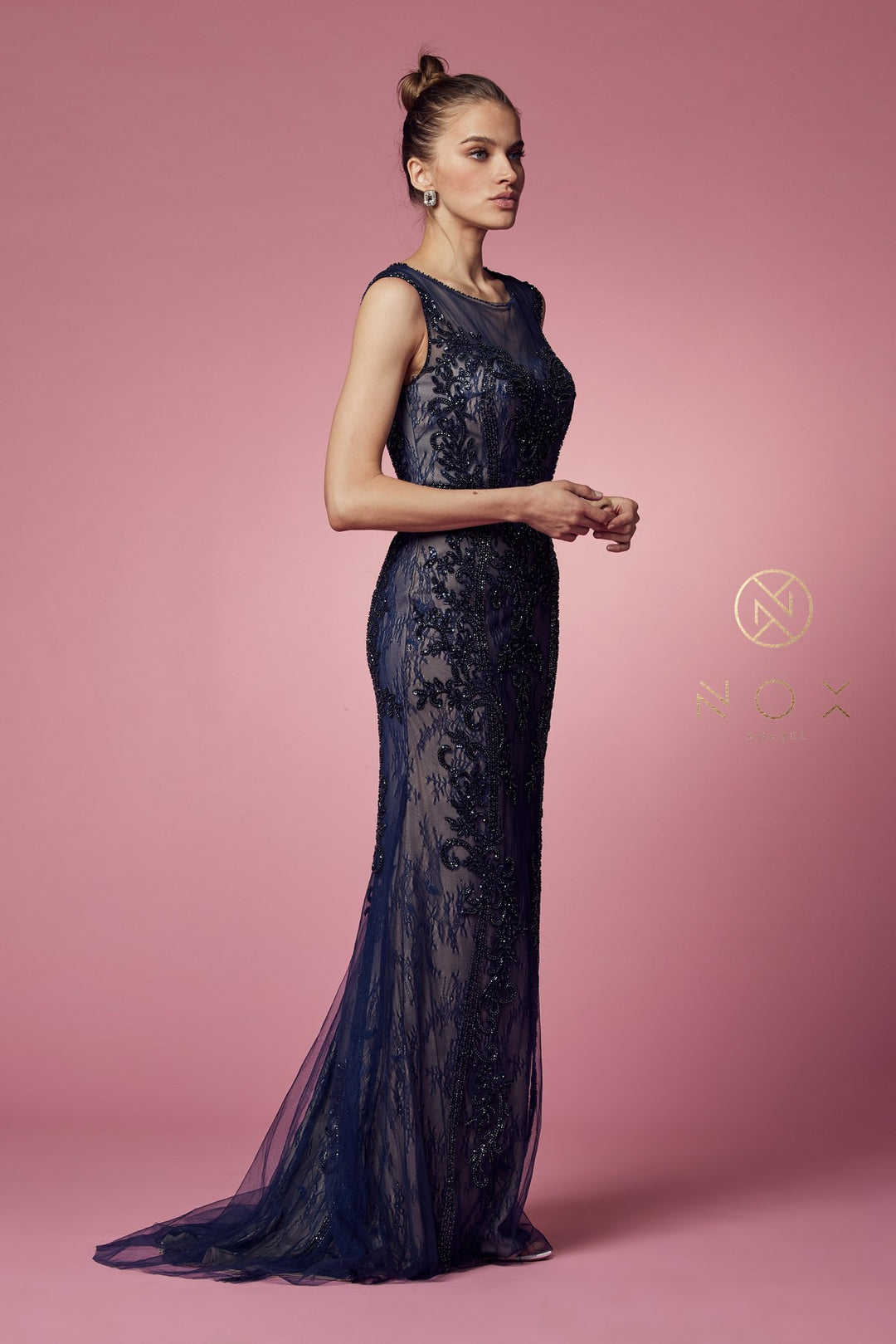 NOX ANABEL E1006P Beaded Illusion Fitted Formal Dress