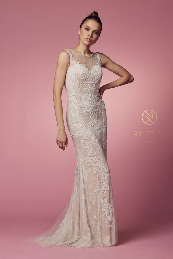 NOX ANABEL E1006P Beaded Illusion Fitted Formal Dress