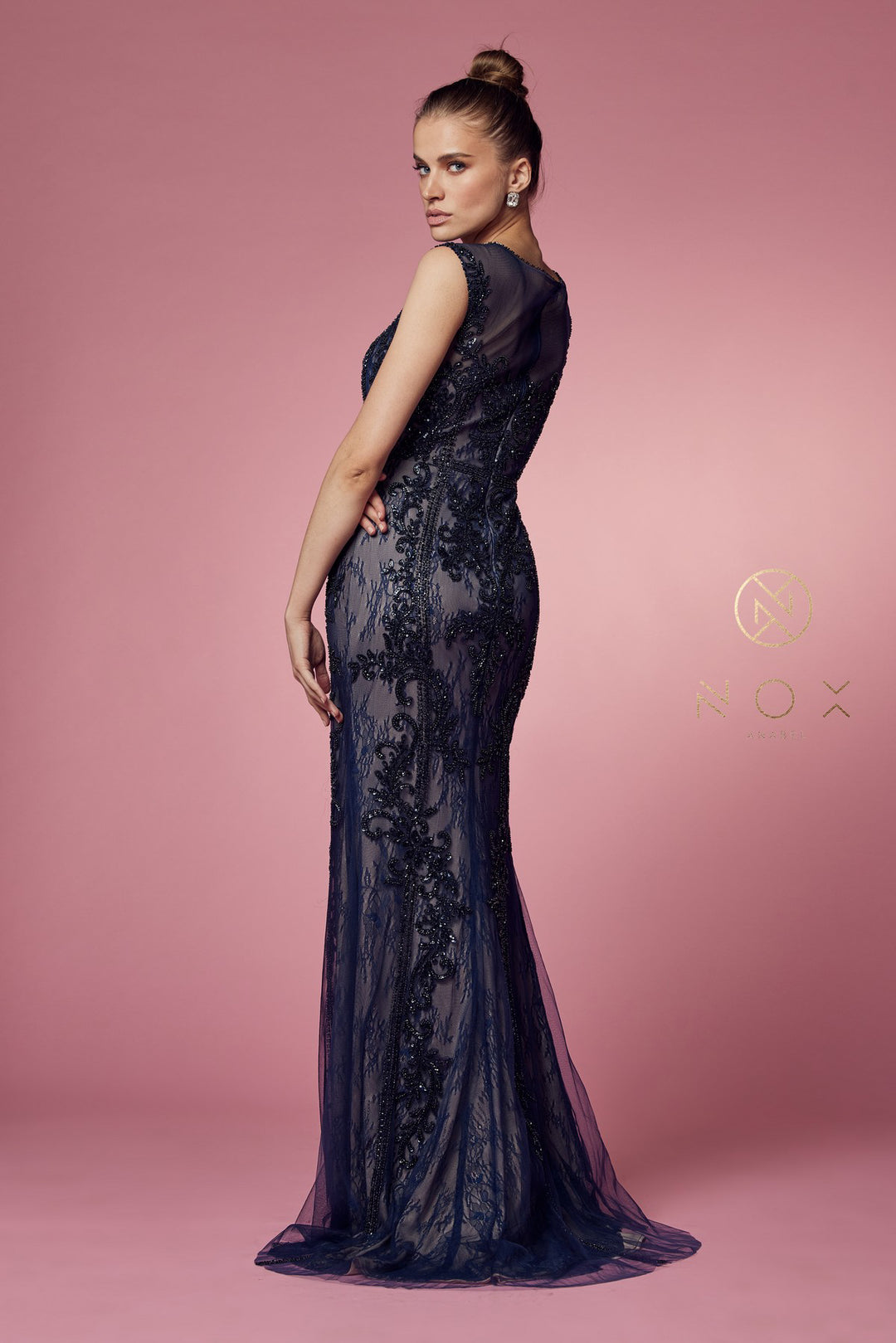 NOX ANABEL E1006P Beaded Illusion Fitted Formal Dress
