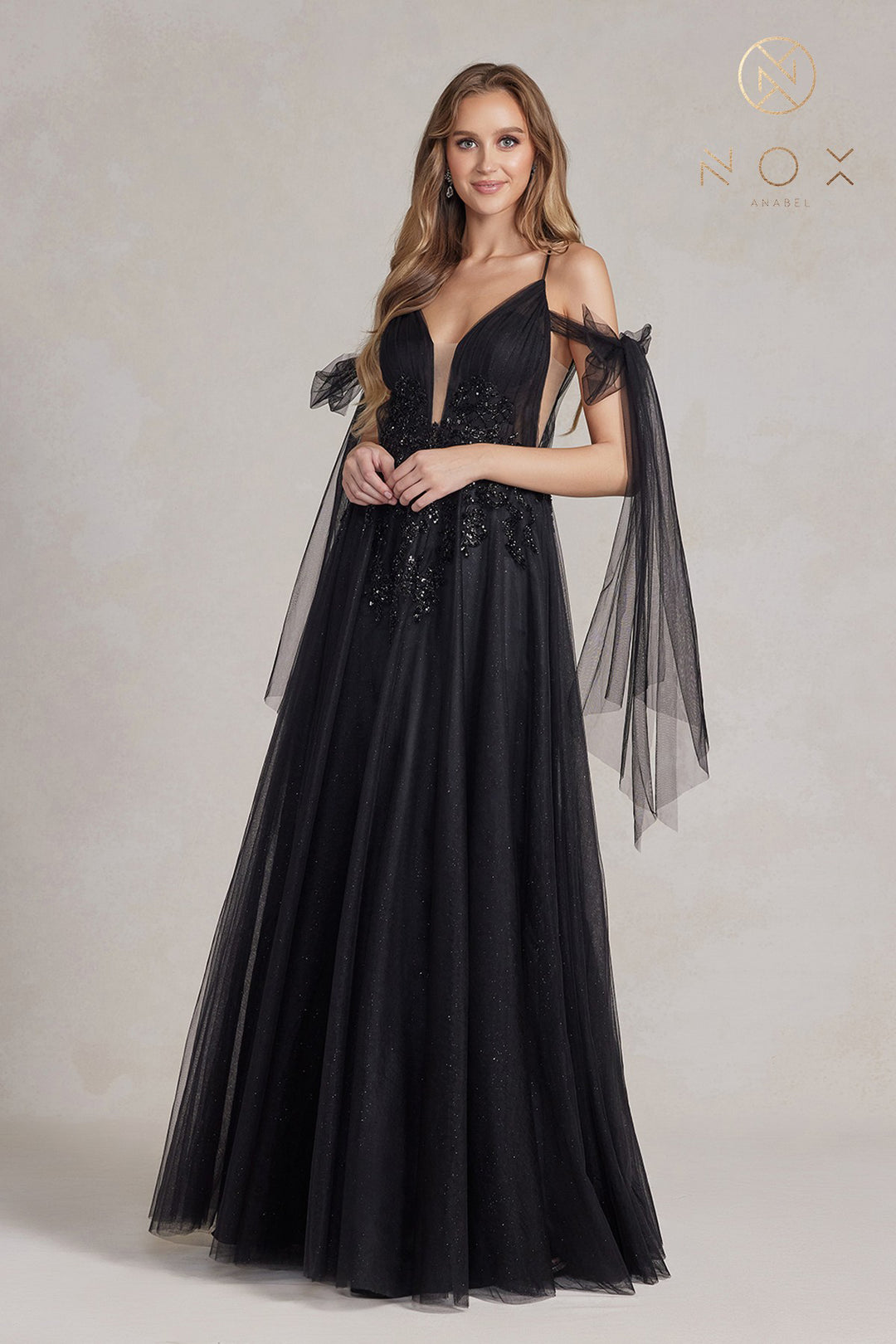 NOX ANABEL E1075 Embellished Glitter Off-Shoulder Tulle Gown The Gown Galleria NOX ANABEL E1075 Embellished Glitter Off-Shoulder Tulle Gown The Gown Galleria