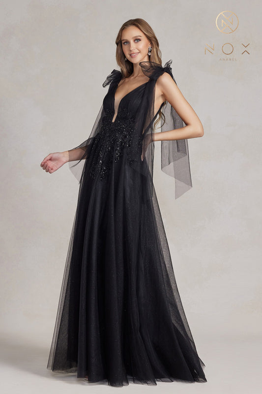 NOX ANABEL E1075 Embellished Glitter Off-Shoulder Tulle Gown