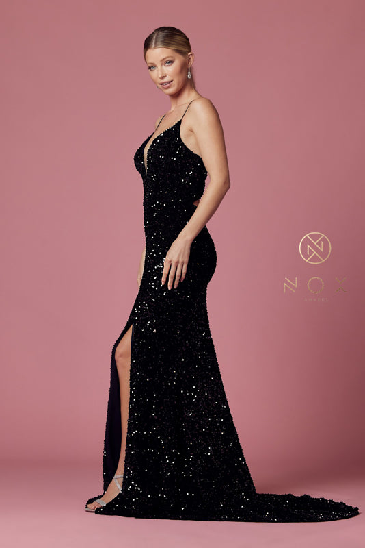 NOX ANABEL R433 Fitted Velvet Slit Sequin Gown