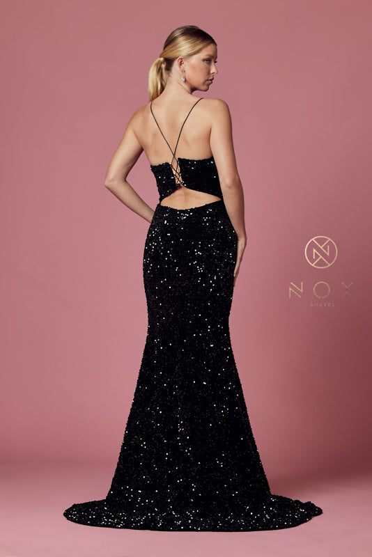 NOX ANABEL R433 Fitted Velvet Slit Sequin Gown