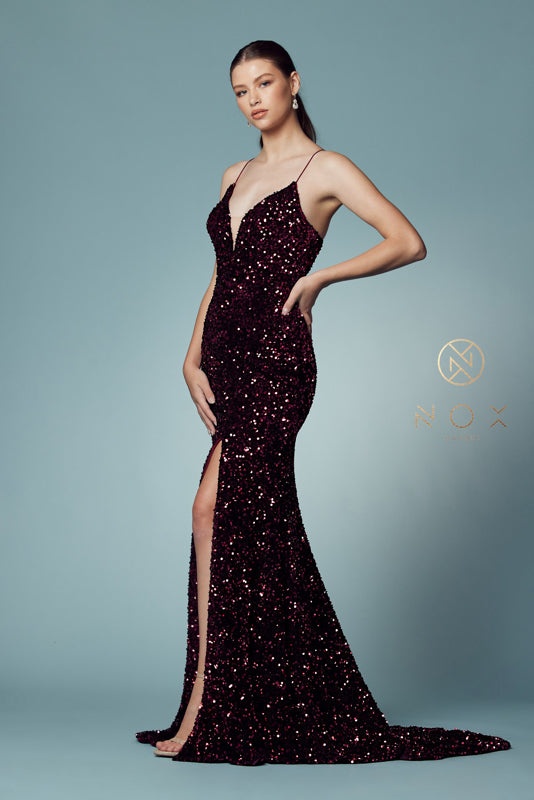 NOX ANABEL R433 Fitted Velvet Slit Sequin Gown