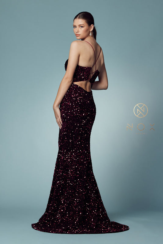 NOX ANABEL R433 Fitted Velvet Slit Sequin Gown